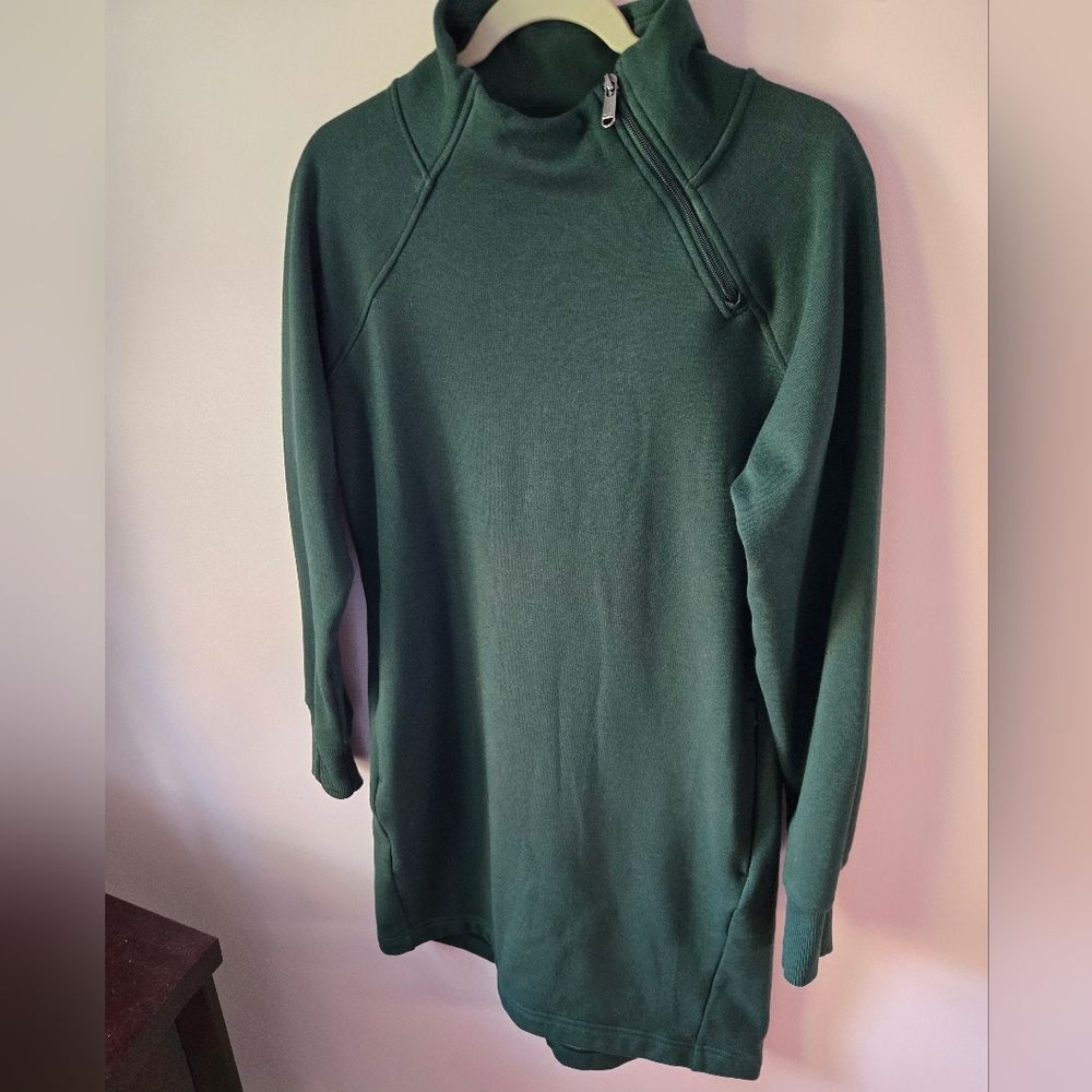 Athleta Cozy Karma Asymmetric Zip Fleece Sweatshirt Dress - Green - Medium
